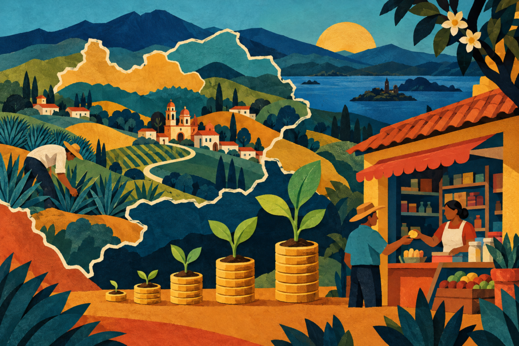 Ilustración generada con inteligencia artificial: monedas y plantas simbolizan créditos para negocios de Michoacán.