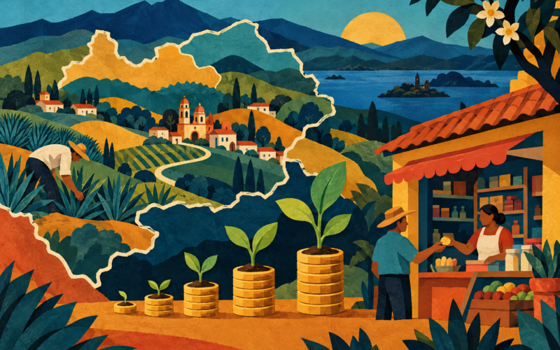 Ilustración generada con inteligencia artificial: monedas y plantas simbolizan créditos para negocios de Michoacán.