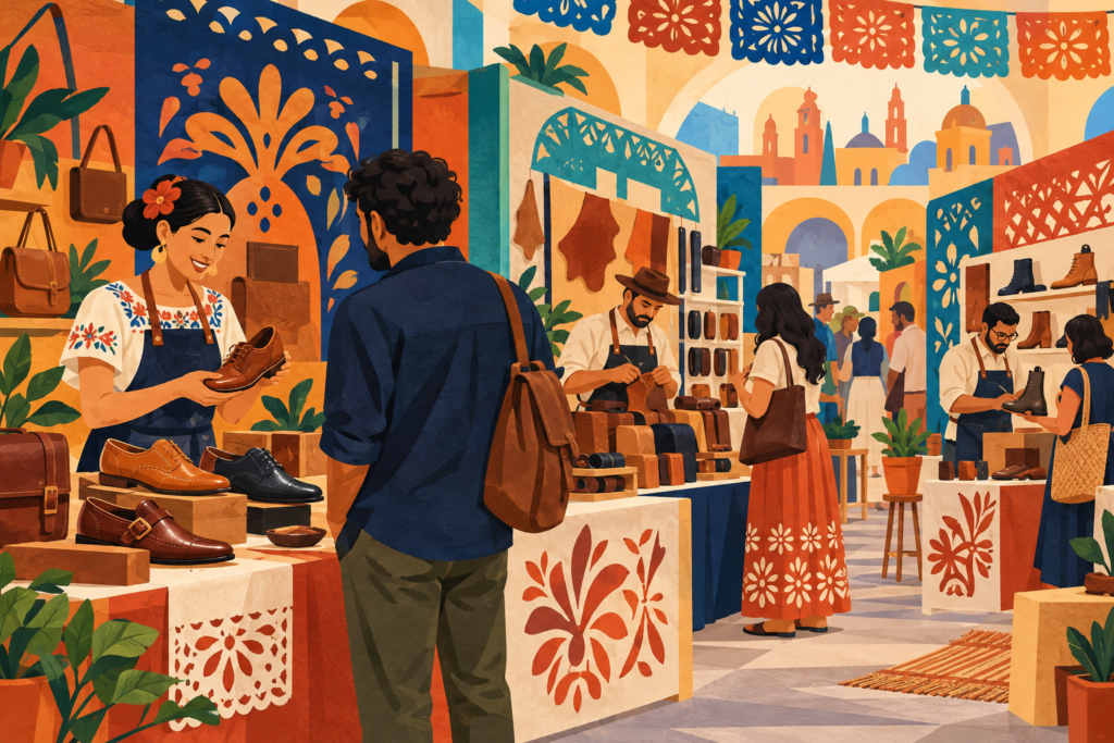 Ilustración generada con inteligencia artificial: artesanos ficticios exhiben calzado en una feria imaginaria.