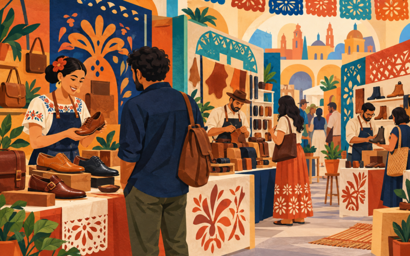 Ilustración generada con inteligencia artificial: artesanos ficticios exhiben calzado en una feria imaginaria.