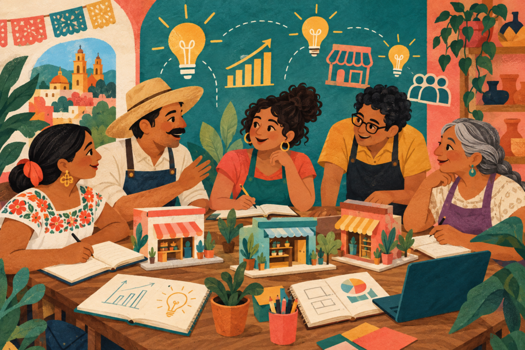 Ilustración generada con inteligencia artificial: comerciantes ficticios participan en una sesión de capacitación.