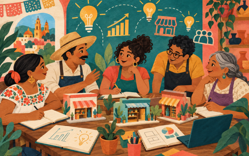 Ilustración generada con inteligencia artificial: comerciantes ficticios participan en una sesión de capacitación.