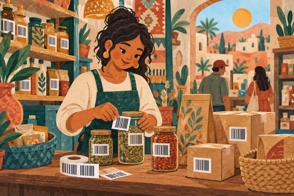 Ilustración generada con inteligencia artificial: una comerciante ficticia coloca etiquetas de códigos de barras a productos.