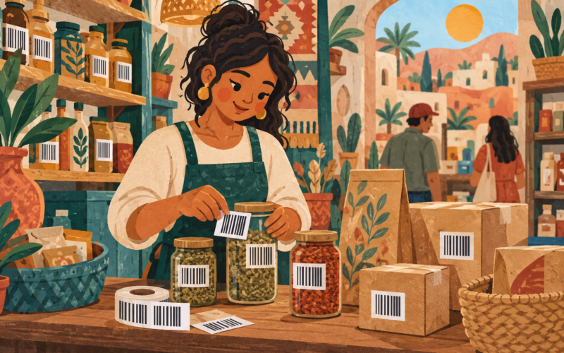 Ilustración generada con inteligencia artificial: una comerciante ficticia coloca etiquetas de códigos de barras a productos.