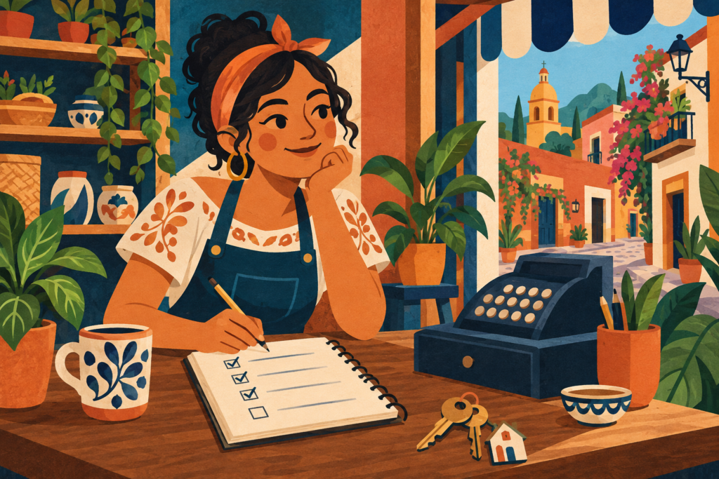 Ilustración generada con inteligencia artificial: emprendedora ficticia planea su negocio y revisa una lista de tareas.