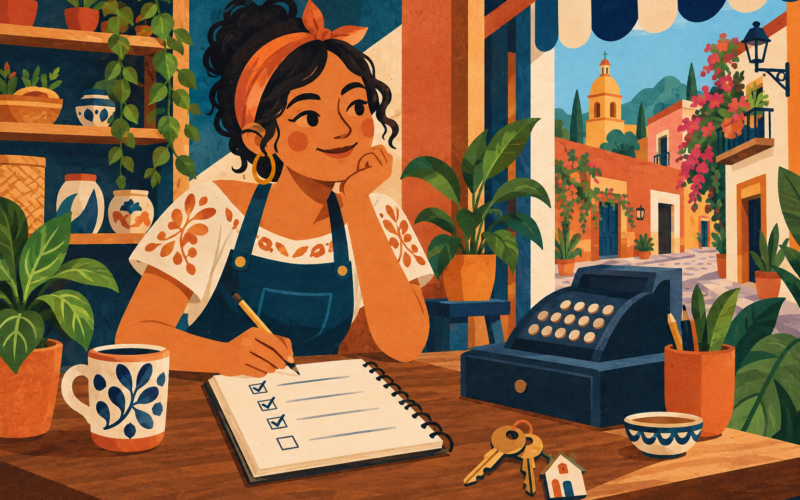 Ilustración generada con inteligencia artificial: emprendedora ficticia planea su negocio y revisa una lista de tareas.