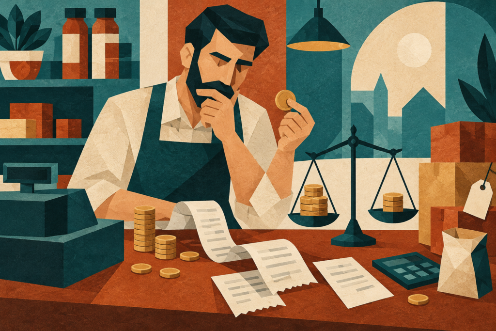 Ilustración generada con inteligencia artificial: un comerciante ficticio compara ingresos, gastos y ganancias.