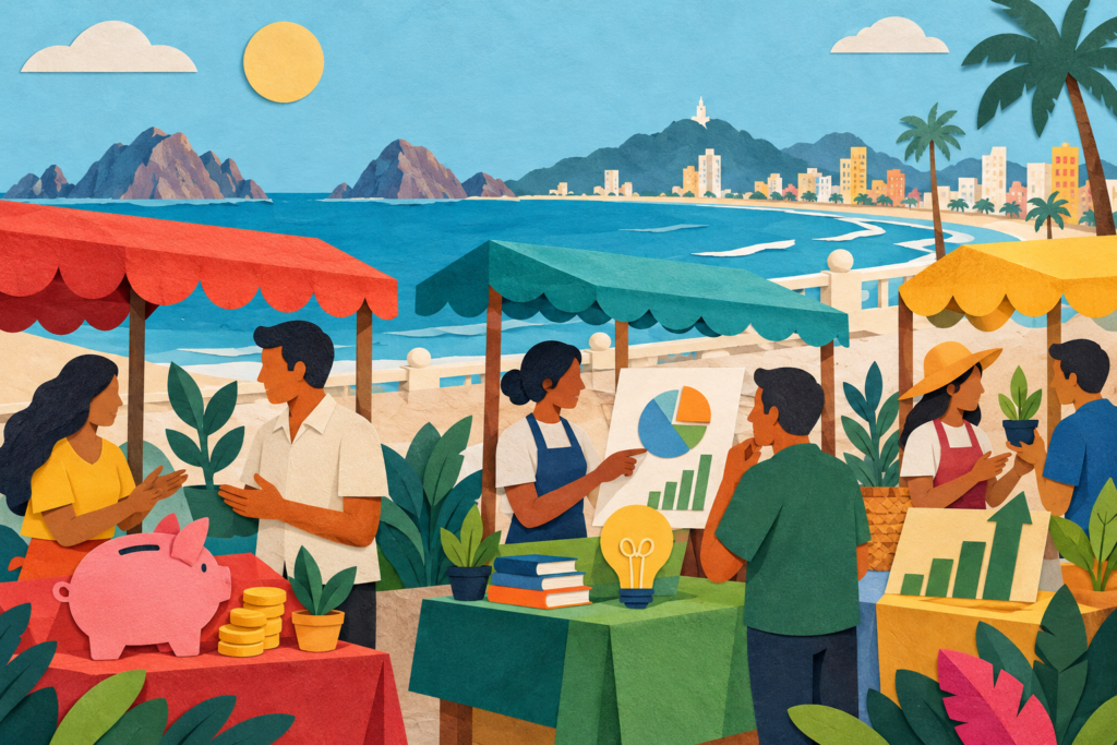Ilustración generada con inteligencia artificial: feria imaginaria de orientación para pequeños negocios junto al mar.