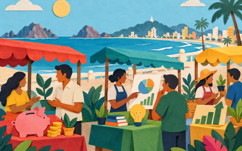 Ilustración generada con inteligencia artificial: feria imaginaria de orientación para pequeños negocios junto al mar.