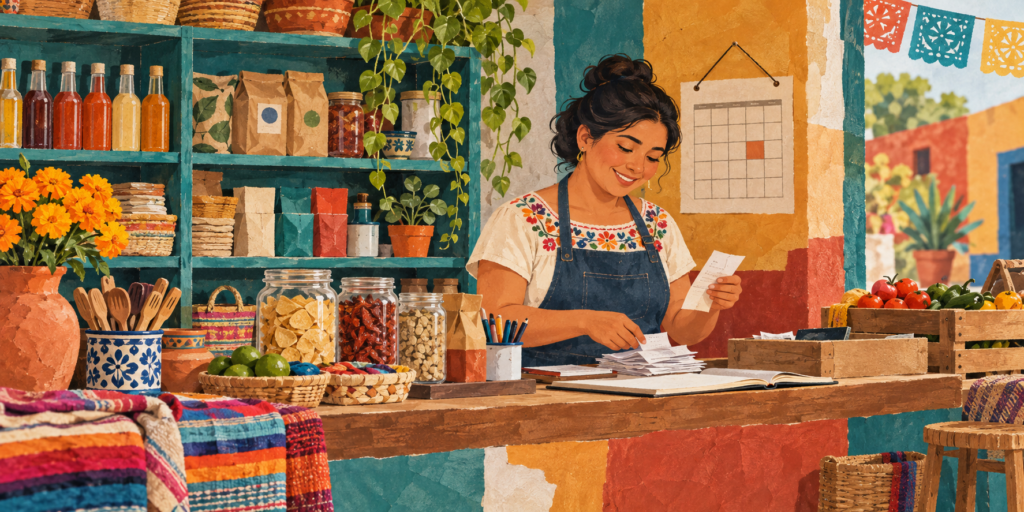 Ilustración generada con inteligencia artificial: una comerciante revisa recibos en una tienda de barrio.