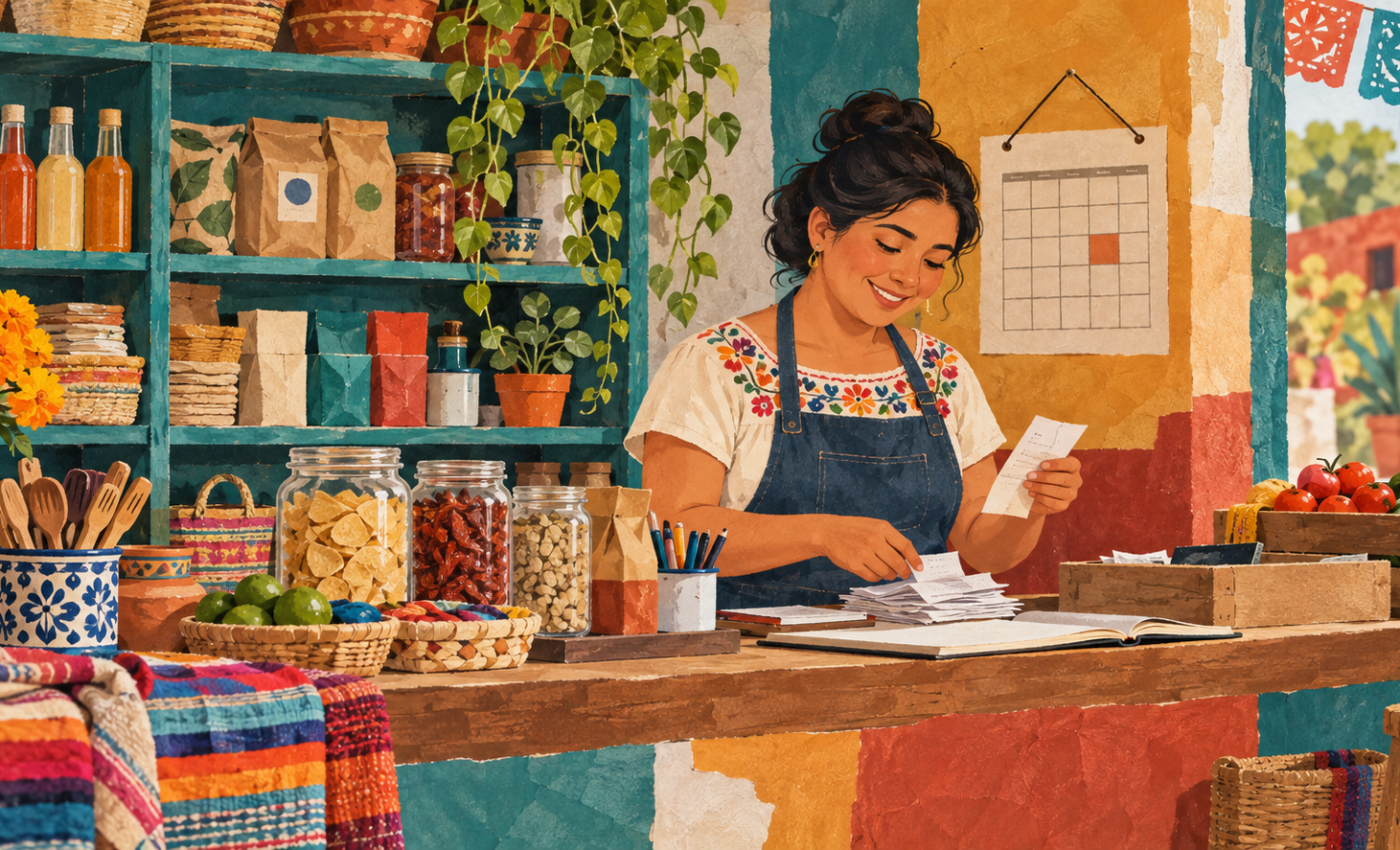 Ilustración generada con inteligencia artificial: una comerciante revisa recibos en una tienda de barrio.