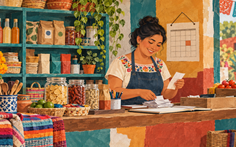 Ilustración generada con inteligencia artificial: una comerciante revisa recibos en una tienda de barrio.
