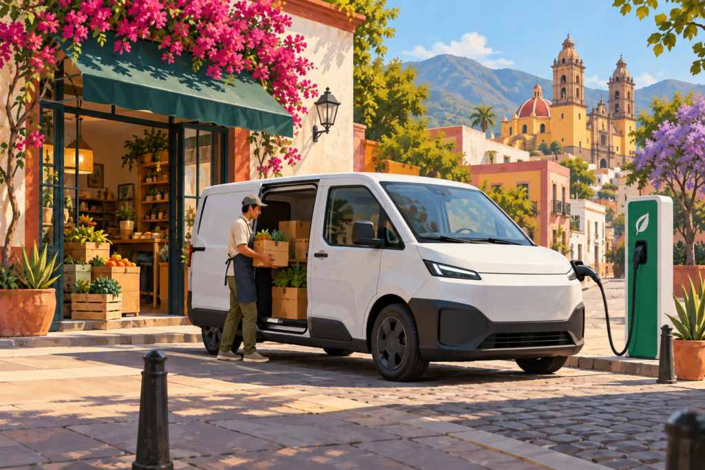 Ilustración generada con inteligencia artificial de una camioneta eléctrica de reparto en una calle imaginaria.