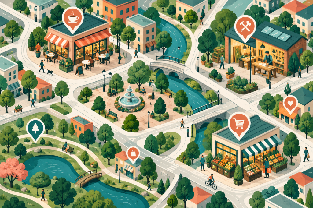 Ilustración generada con inteligencia artificial de un mapa imaginario de negocios.