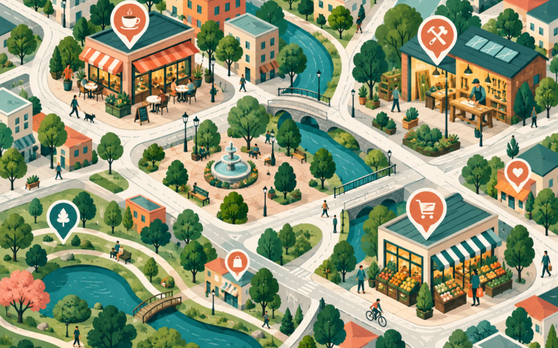 Ilustración generada con inteligencia artificial de un mapa imaginario de negocios.
