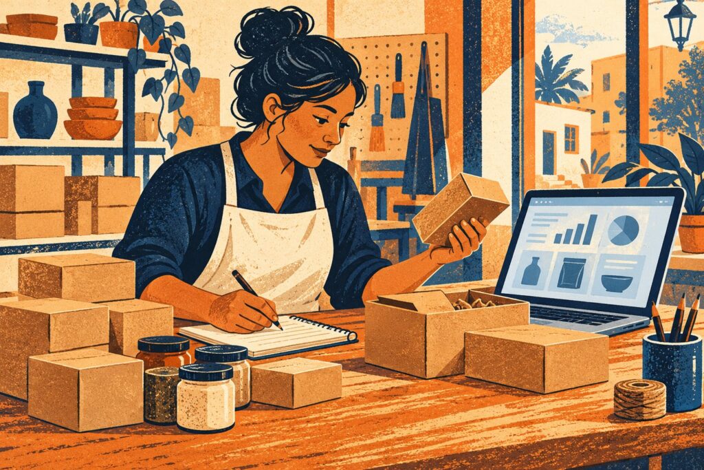 Ilustración de una persona que organiza empaques y anotaciones en un pequeño comercio.