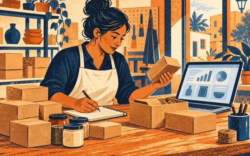 Ilustración de una persona que organiza empaques y anotaciones en un pequeño comercio.